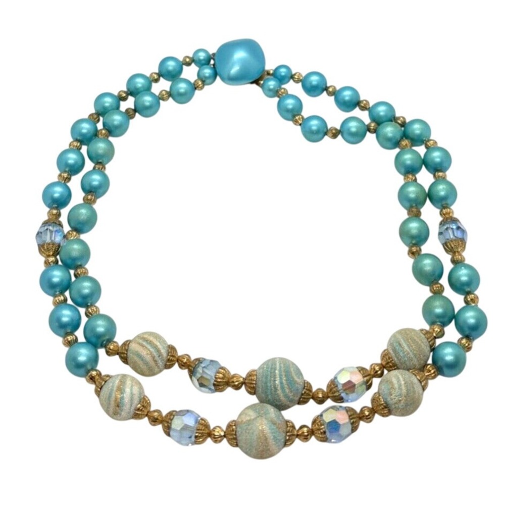 Vintage Aqua Blue Green Plastic Bead 2 Strand Tiered 16''‎ Necklace 1960s Retro